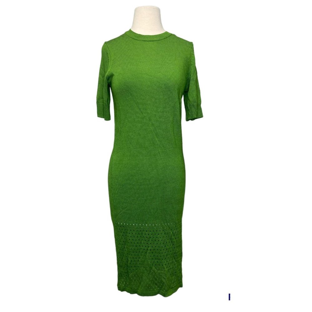 Cos Womens XS Kelly Green Knit‎ Midi Dress Eyelet Mesh Short Sleeve Stretch